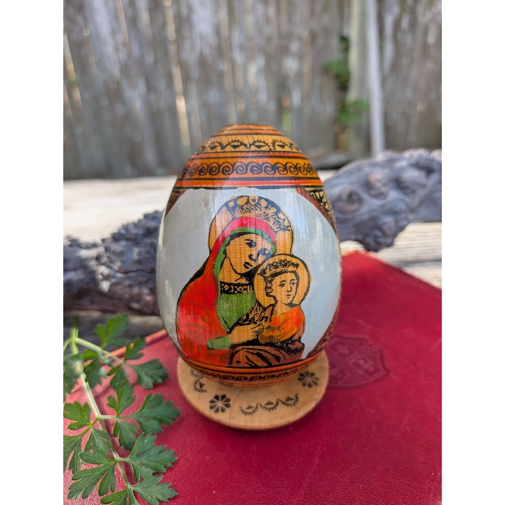 Vintage Hardwood Russian Orthodox Easter Egg With Stand